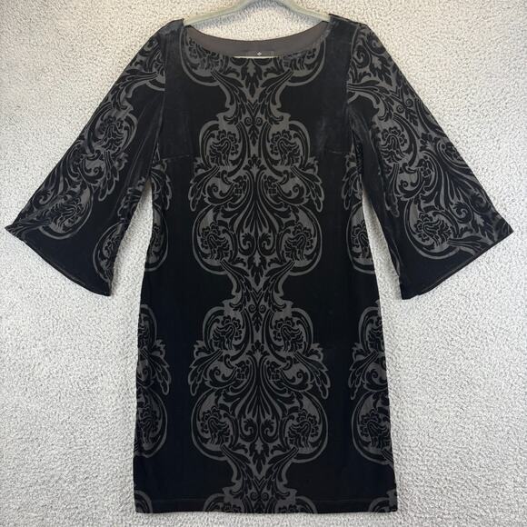 Y2k Velvet Burnout Dress 10 Black Witchy Dark Romantic Feminine Bell Sleeves - Picture 1 of 10